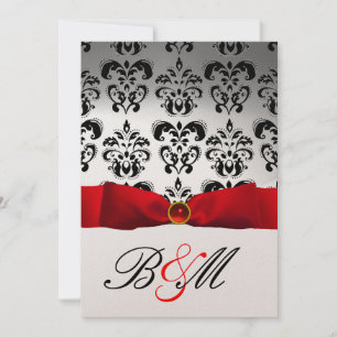 RED RIBBON GOLD BLACK  DAMASK MONOGRAM INVITATION