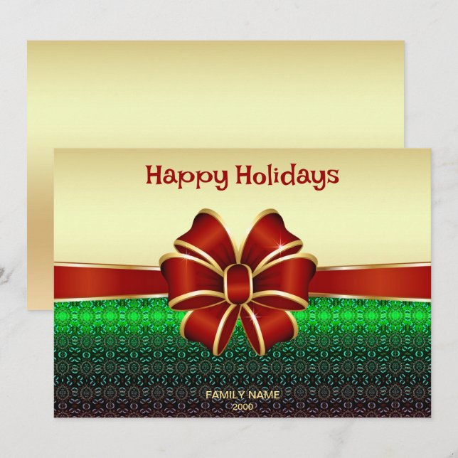 Red Ribbon Gold Holiday Christmas Card (Front/Back)