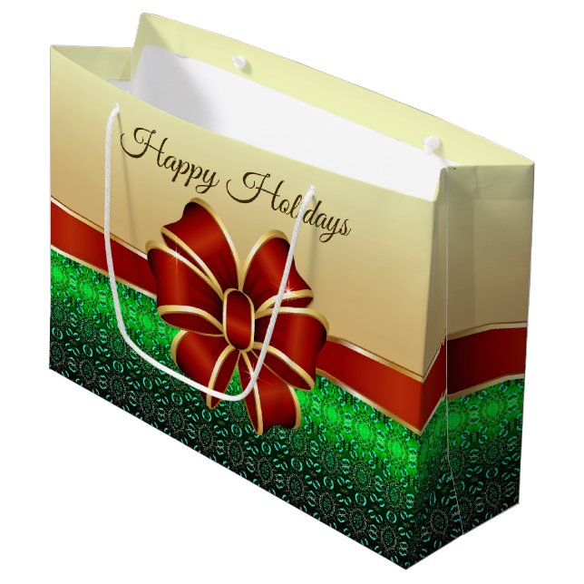 Red Ribbon Gold Holiday Gift Bag (Front Angled)
