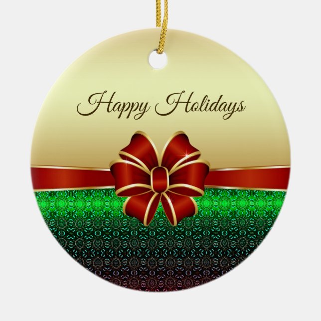 Red Ribbon Gold Holiday Ornament (Front)
