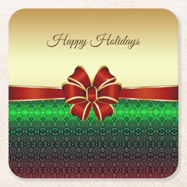 Red Ribbon Gold Holiday Paper Coaster (Front)