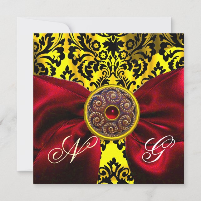 RED RIBBON GOLD YELLOW  BLACK  DAMASK MONOGRAM INVITATION (Front)