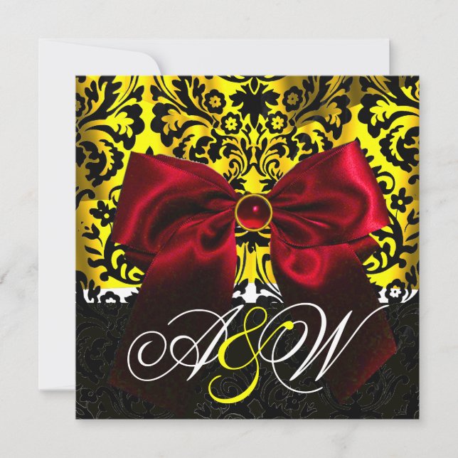 RED RIBBON GOLD YELLOW  BLACK  DAMASK MONOGRAM INVITATION (Front)