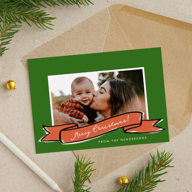 Red Ribbon Green Christmas Photo Flat Holiday Card (Red Ribbon Green Christmas Photo Flat Holiday Card)