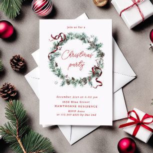 Red Ribbon Greenery Wreath Christmas Party Invitation
