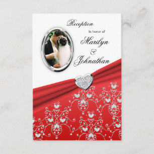 Red Ribbon Heart Damask  Reception Invitations
