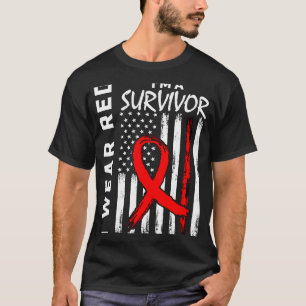 Red Ribbon Heart Disease Survivor American Flag Fa T-Shirt
