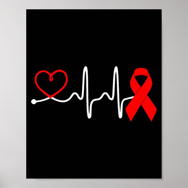 Red Ribbon Heartbeat Design For Heart Disease Awar Poster (Front)