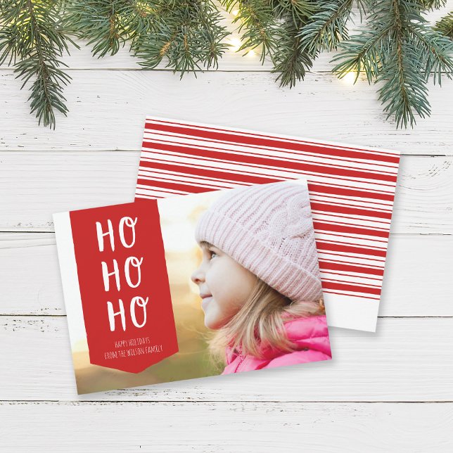 Red Ribbon Ho Ho Ho Happy Holidays Photo Holiday Card (Creator Uploaded)