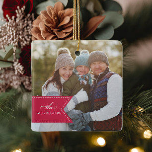 Red Ribbon   Holiday Photo Ceramic Ornament