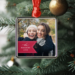 Red Ribbon   Holiday Photo Metal Tree Decoration