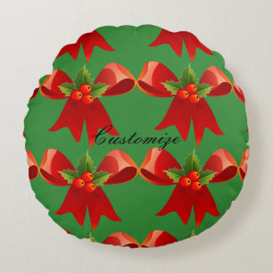 Red Ribbon Holly Thunder_Cove Round Cushion