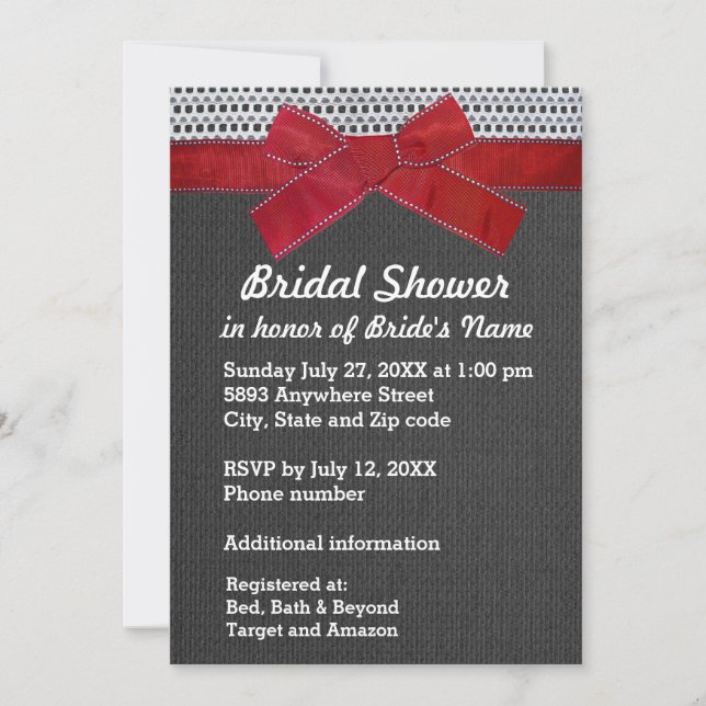 Red Ribbon, Lace, Grey Burlap Bridal Shower Invite (Front)