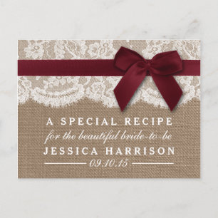Red Ribbon On Burlap & Lace Bridal Shower Recipe Invitation Postcard
