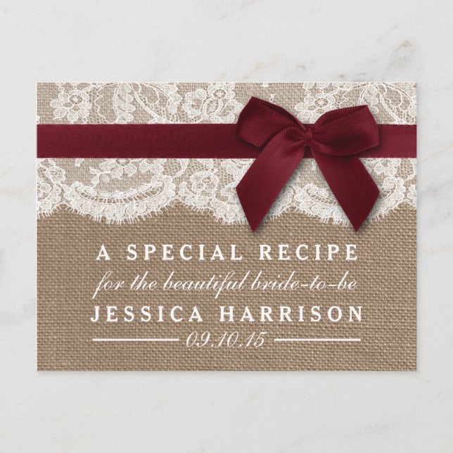 Red Ribbon On Burlap & Lace Bridal Shower Recipe Invitation Postcard (Front)