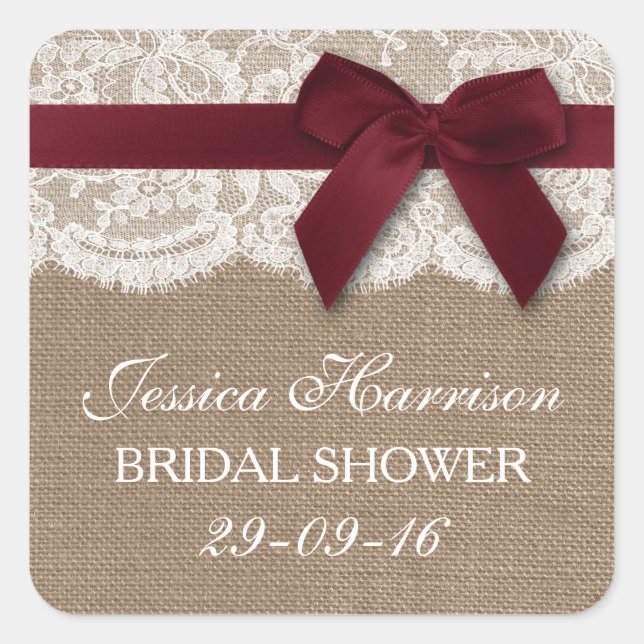 Red Ribbon On Burlap & Lace Bridal Shower Square Sticker (Front)