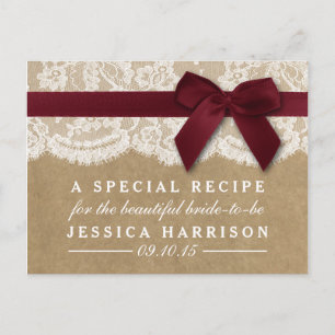 Red Ribbon On Kraft & Lace Bridal Shower Recipe Invitation Postcard