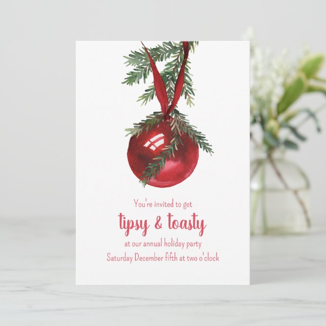 Red Ribbon Ornament Tipsy & Toasty Party Holiday Card (Standing Front)