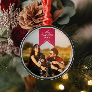 Red Ribbon Personalised Name & Year Photo Metal Tree Decoration