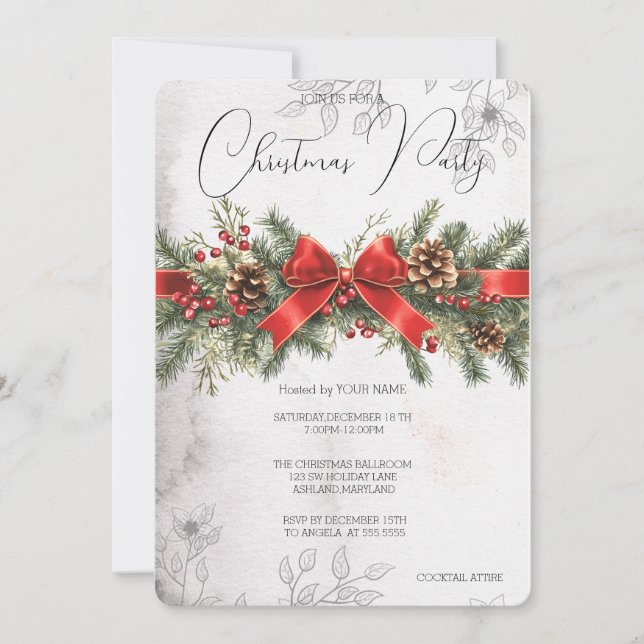 Red Ribbon Pinecone PIne Tree Holly Berry Party Invitation (Front)