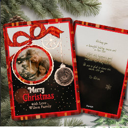 Red Ribbon Plaid Gold Foil Single Photo Christmas Foil Holiday Card