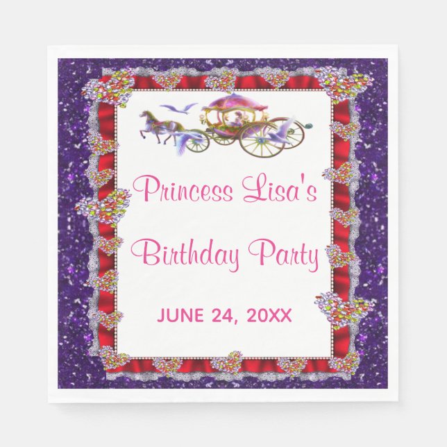 Red Ribbon Purple Glitter Royal Princess Birthday Napkin (Front)