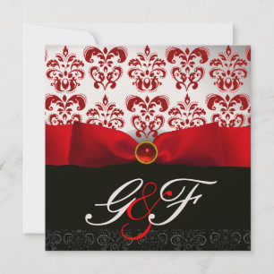 RED RIBBON RUBY GOLD BLACK  DAMASK MONOGRAM INVITATION