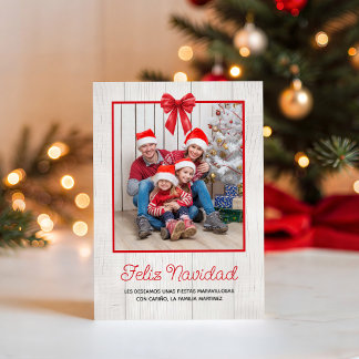 Red Ribbon Rustic White Wood Photo Feliz Navidad Holiday Card