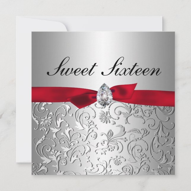 Red Ribbon Silver Floral Pattern Sweet Sixteen Invitation (Front)