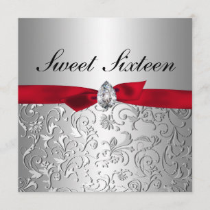 Red Ribbon Silver Floral Pattern Sweet Sixteen Invitation