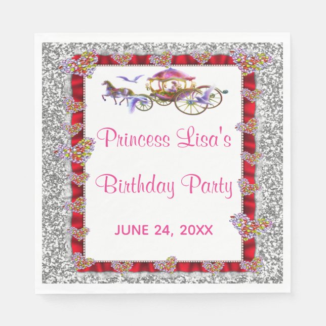Red Ribbon Silver Glitter Royal Princess Birthday Napkin (Front)