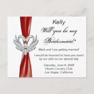 Red Ribbon Silver Swans Bridesmaid Card