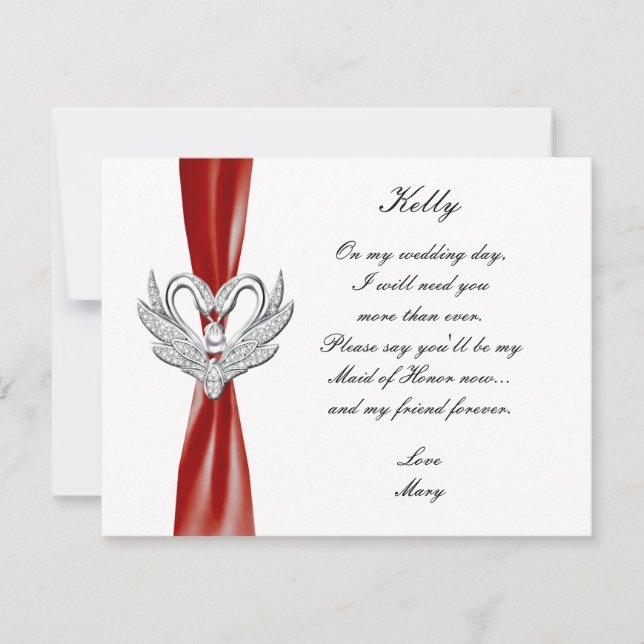 Red Ribbon Silver Swans Maid Of Honour Card (Front)