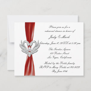 Red Ribbon Silver Swans Rehearsal Dinner Invite