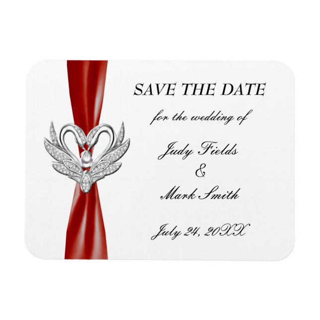 Red Ribbon Silver Swans Save The Date Magnet (Horizontal)