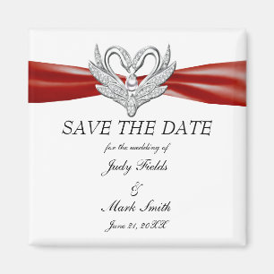 Red Ribbon Silver Swans Save The Date Magnet