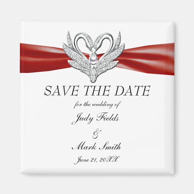 Red Ribbon Silver Swans Save The Date Magnet (Front)