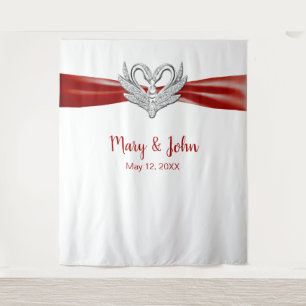 Red Ribbon Silver Swans Wedding Backdrop Tapestry