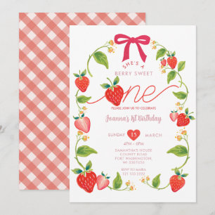Red Ribbon Strawberry Sweet One Berry Birthday  Invitation