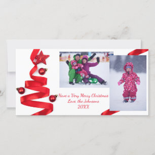 Red Ribbon Tree with Photos - Christmas Photo Card