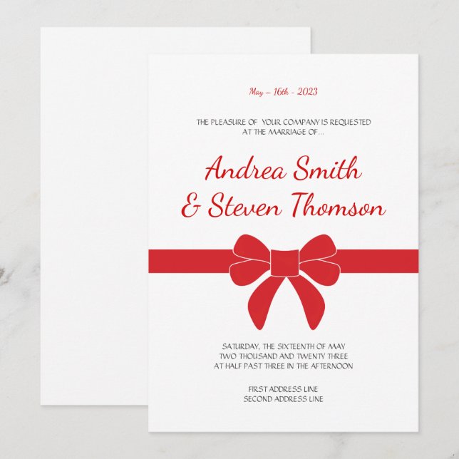 Red Ribbon Wedding Invite. Bow Invitation (Front/Back)