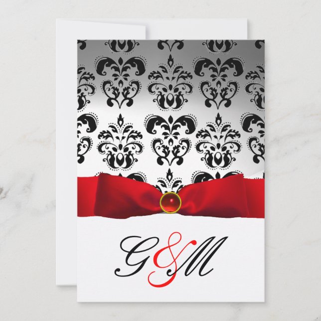 RED RIBBON WHITE BLACK  DAMASK MONOGRAM INVITATION (Front)