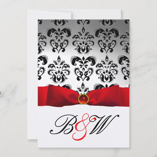RED RIBBON WHITE BLACK  DAMASK MONOGRAM INVITATION (Front)