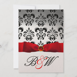 RED RIBBON WHITE BLACK  DAMASK MONOGRAM INVITATION