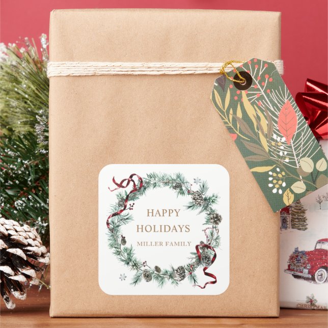 Red Ribbon Winter Greenery Monogram Square Sticker (Holiday)