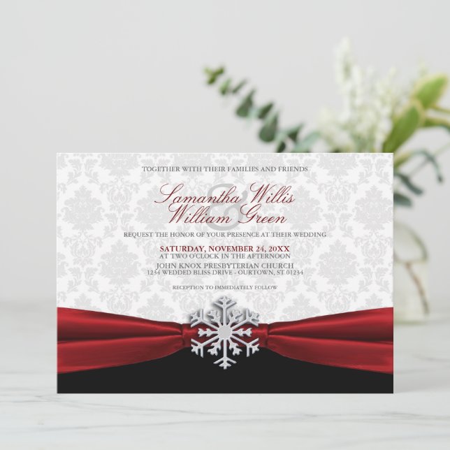 Red Ribbon Winter Wedding Invitation (Standing Front)