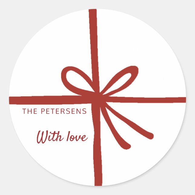 Red ribbon with bow gift wrap with your text classic round sticker (Front)