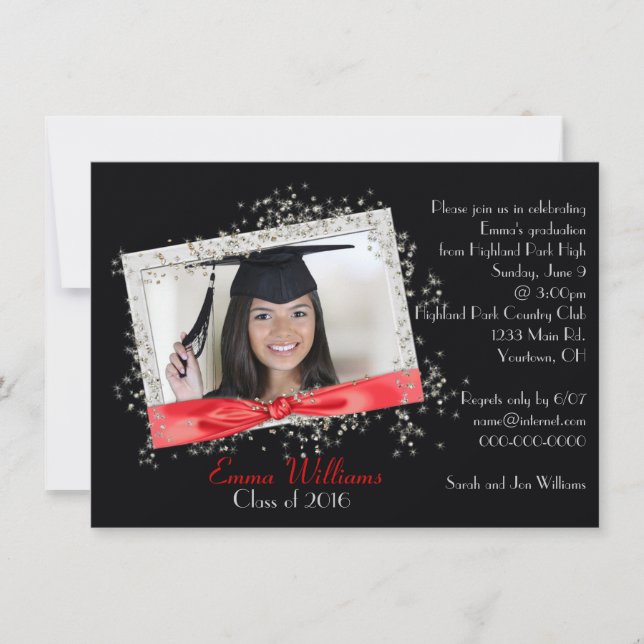Red Ribbon with Glitter Graduation Invitation (Front)
