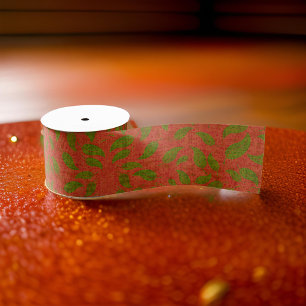 Red Ribbon with Green Leaves Christmas Style Grosgrain Ribbon