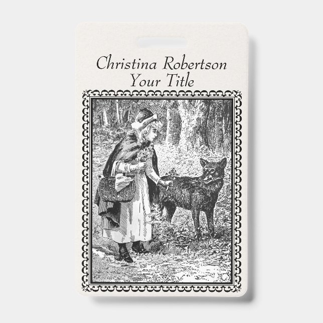 Red Riding Hood Black White Illustration Frame ID Badge (Front)